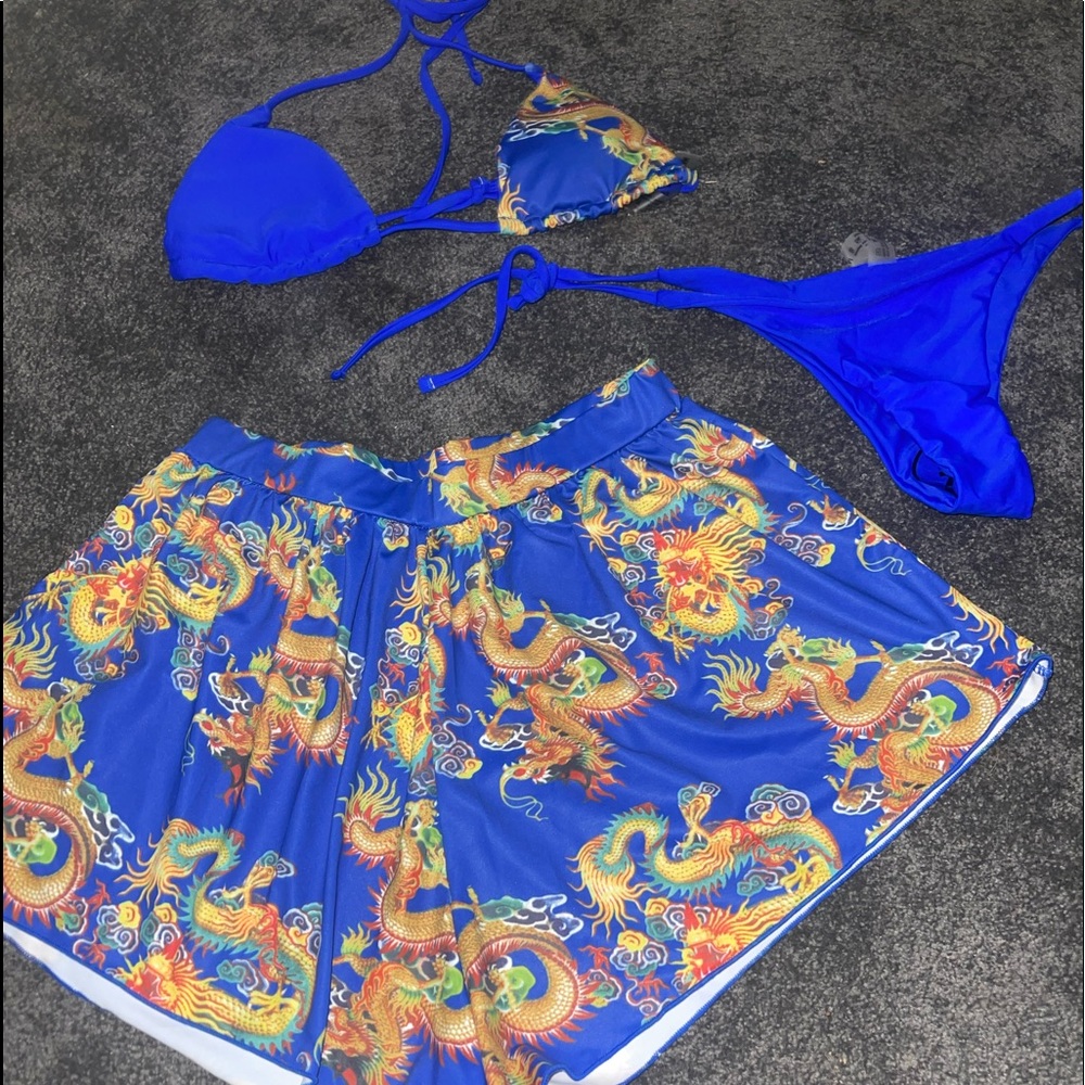 3 piece Blue Dragon bikini top, bottom, & shorts